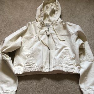 Cropped white denim zip up jacket